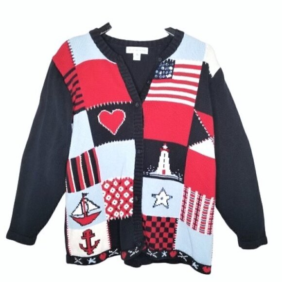 Vintage Sweaters - Vintage August Max Nautical Navy Red Navy Cardigan